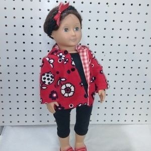 Retro Red Print Corduroy Jacket, Black Leggings & Top w/Headband for 18" Doll